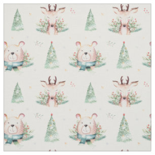 Tissu Joli Noël Arbres de Noël Bois Ours & Cerfs