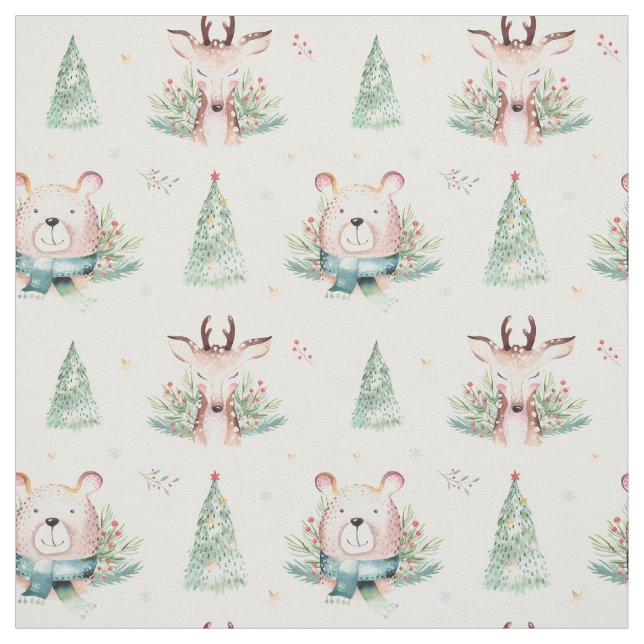 Tissu Joli Noël Arbres de Noël Bois Ours & Cerfs (Échantillon)