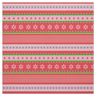 Tissu Joli Noël motif nordique rouge blanc rose vert