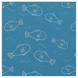 Tissu Joli poisson blanc imprimé sur un bleu océan