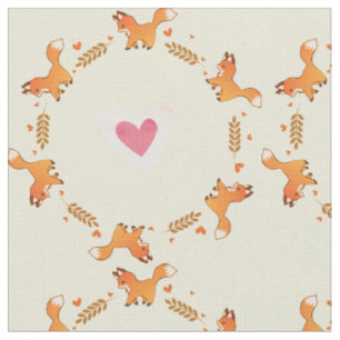 Tissu Joli Renard rouge et Motif de couronne de coeur