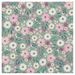 Tissu Jolie fleurs vertes roses Botanique