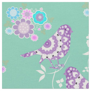 Tissu Jolies Fleurs Coeurs Et Oiseaux Motifs
