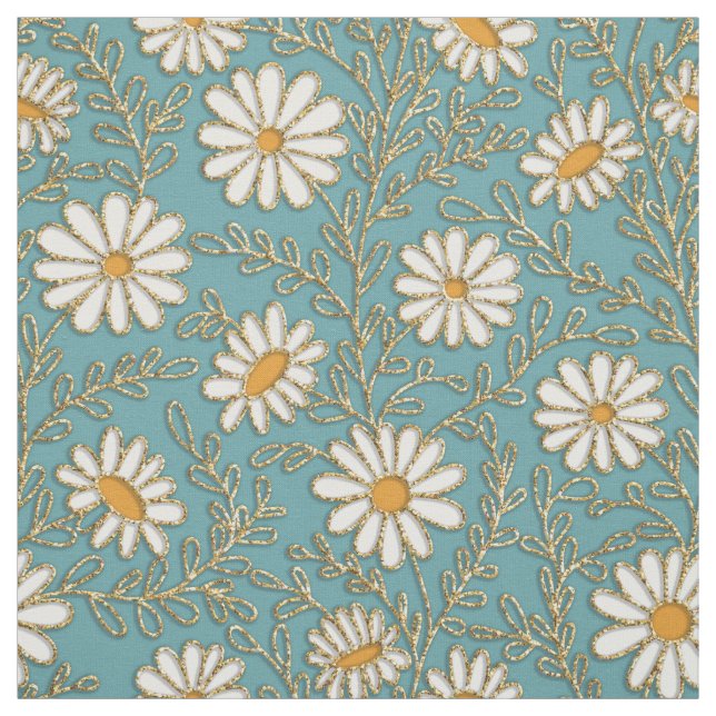 Tissu Jolies marguerites blanches jaunes or fleurs bleu  (Échantillon)