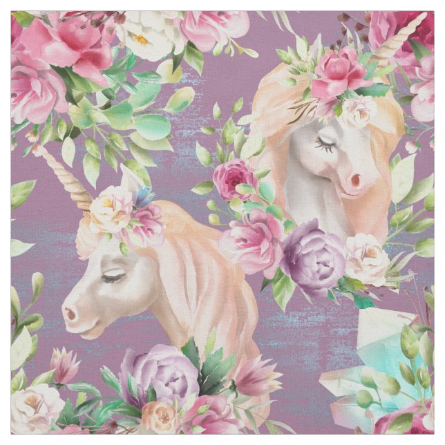 Tissu Jolis licornes blanches féminins Fleurs roses viol (Échantillon)