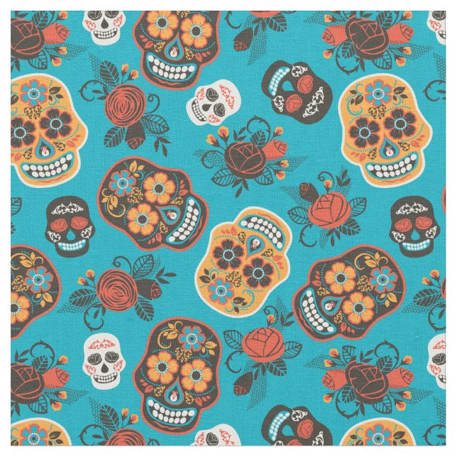 Tissu Jour des Crânes Morts Bleu & Orange (Fermer)