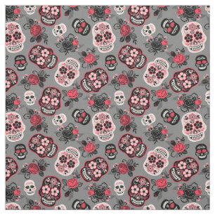 Tissu Jour des Crânes Morts Rose & Grey