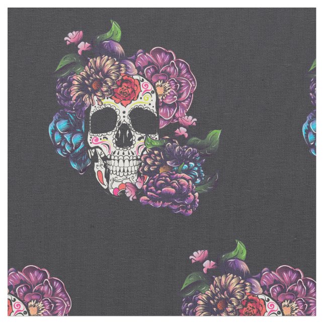 Tissu Jour du crâne mort avec des fleurs (Fermer)