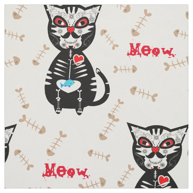 Tissu Jour mignon du crâne mort Cat Meow Imprimer (Échantillon)
