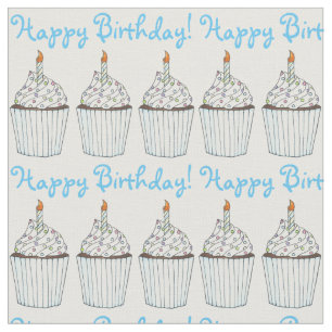Tissu Joyeux Anniversaire Cupcake bleu avec gâteau aux c