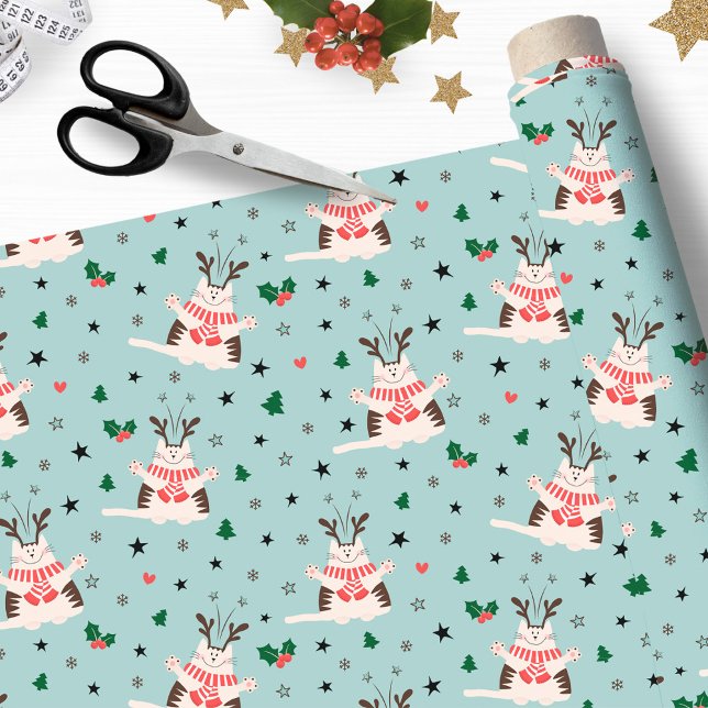 Tissu Joyeux chat de Noël - Noël (A beautiful Christmas fabric with cute, happy cats with antlers, stars and winter berries.)