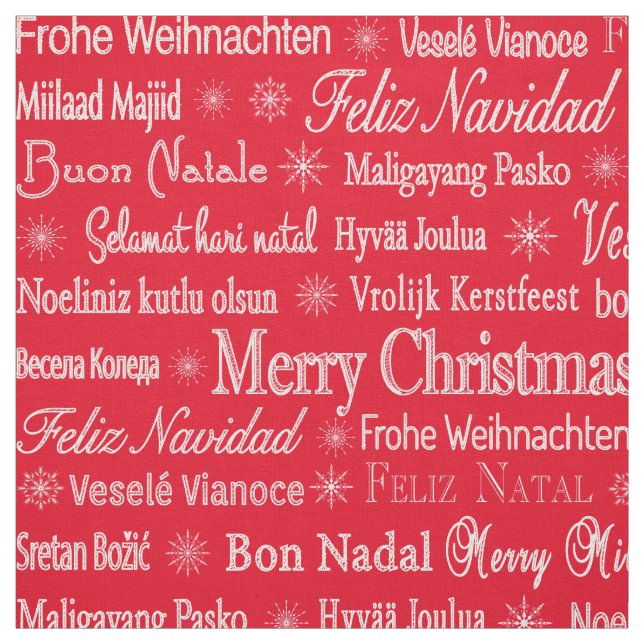 Tissu Joyeux Noël différentes langues modèle rouge (Échantillon)
