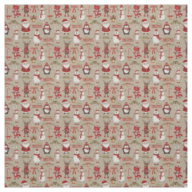 Tissu Joyeux Noël Père Noël Et Amis Fabric (Échantillon)