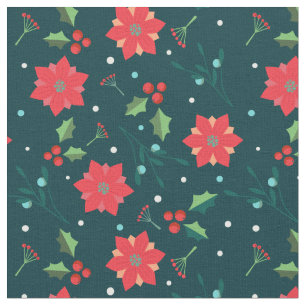 Tissu Joyeux Noël Poinsettia Holly Motif