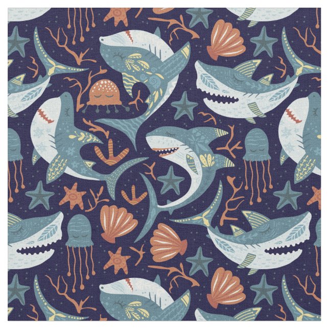 Tissu Joyeux requins dansants sur Ocean Blue (Fermer)