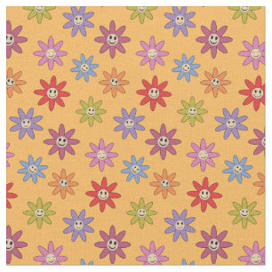 Tissu Joyeux sourire Fleurs colorées rétro sur Jaune