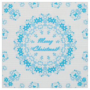 Tissu Joyeux texte de Noël cadre rond flocon bleu wh