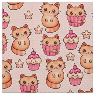 Tissu Kawaii Cute Cats and Cupcakes Motif rose