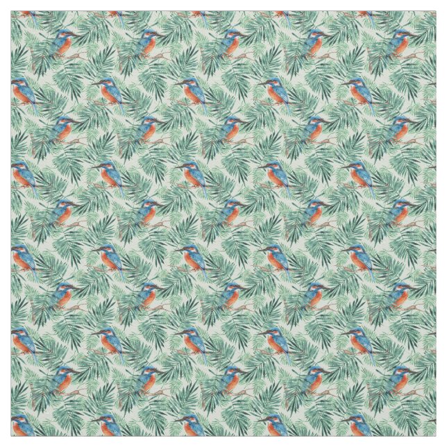 Tissu Kingfisher. Oiseaux et feuilles (Échantillon)