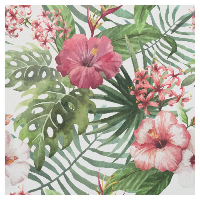 Tissu La ketmie tropicale fleurit le motif de feuillage (Échantillon)