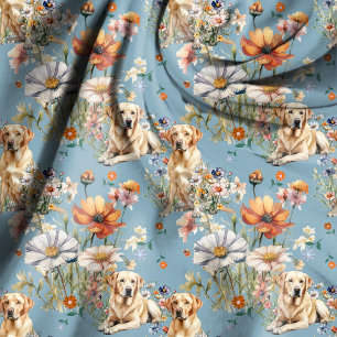 Tissu Labbés jaunes et fleurs sauvages sur fond bleu