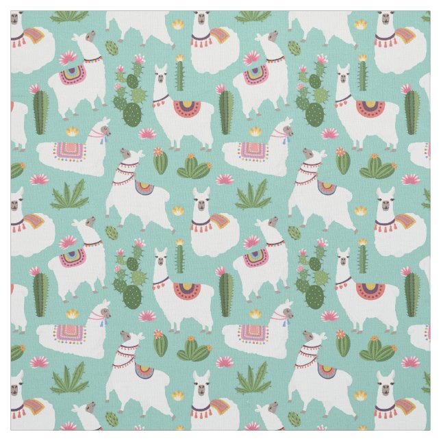 Tissu Lamas mignons sur le motif turquoise (Échantillon)