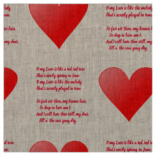 Tissu L'amour est comme une rose rouge poème et coeur