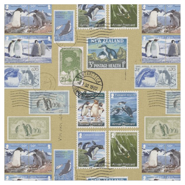 Tissu L'Antarctique - timbres-poste de pingouin (Fermer)