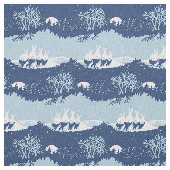 Tissu Lapin Bleu Noël Lapin Mignonne Scène Vintage (Échantillon)