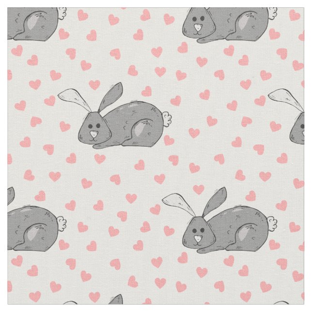 Tissu Lapin Gris Mignon avec Impression de Cœurs Roses (Fermer)