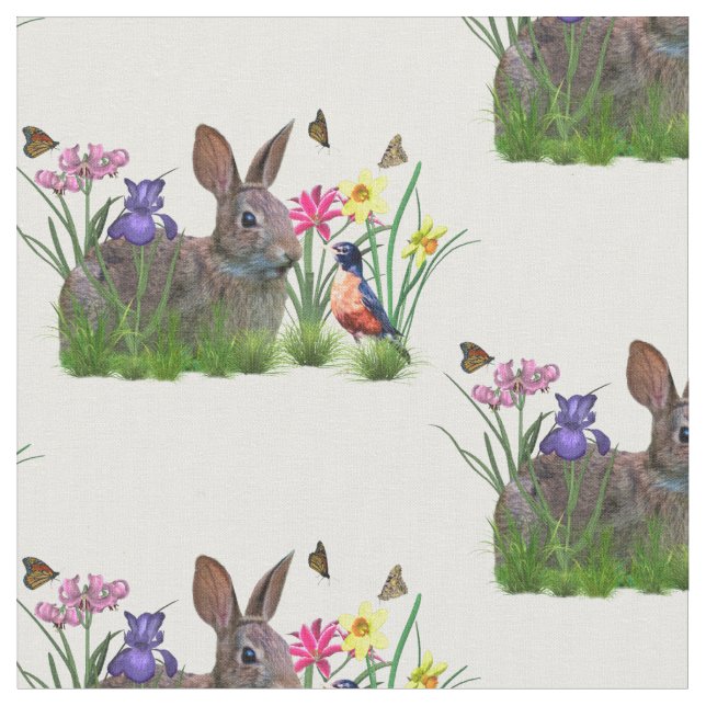Tissu Lapin, Robin, et fleurs, personnalisables (Fermer)