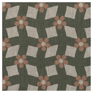 Tissu Large Olive Abstract Floral Grid - Natural Linen