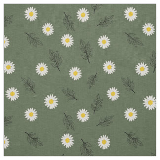 Tissu Large Olive Daisy Scatter - Ivory Linen Fabric