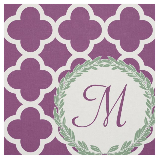 Tissu Laurier vert pourpre Quatrefoil de lettre de (Échantillon)