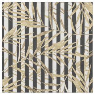 Tissu Le blanc noir barre le feuille tropical d'or de