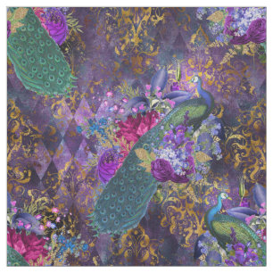 Tissu Le paon et les fleurs en violet