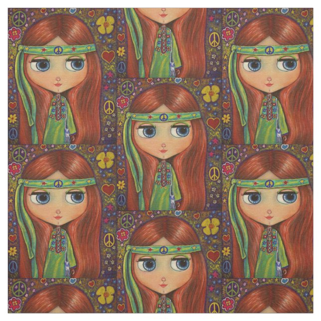 Tissu Le signe de paix hippie vert de fille fleurit le (Échantillon)