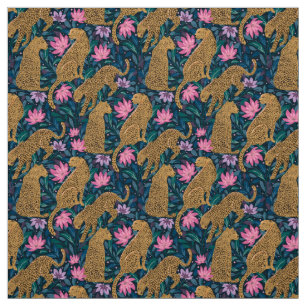 Tissu Léopards dans la jungle, fleurs et animaux sauvage