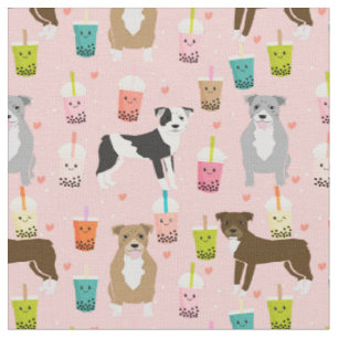 Tissu Les chiens de Pitbull kawaii butent du thé rose