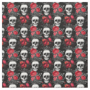 Tissu Les crânes couronnent et les roses rouges estomp