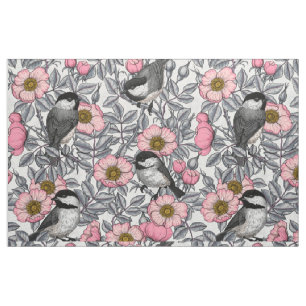 Tissu Les poulets dans la nature rose, rose et gris