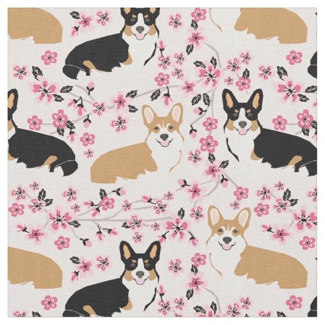 Tissu les trois corgi dogs cerise fleurs roses (Fermer)