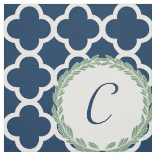 Tissu Lettre monogramme Bleu avec feuille de courre vert
