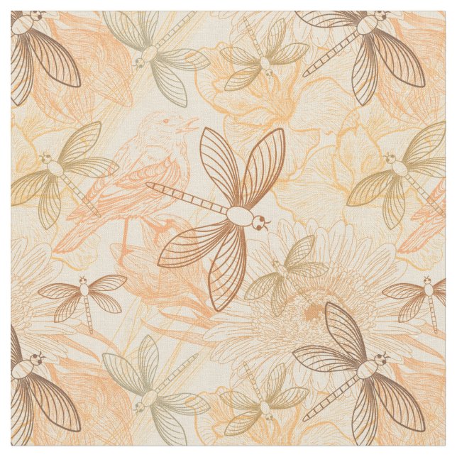 Tissu Ligne art libellules oiseaux fleurs pêche motif (Fermer)