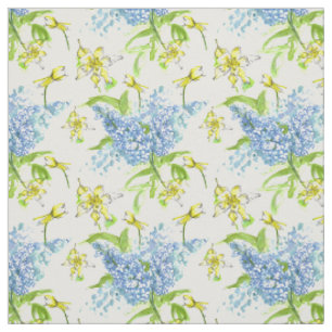 Tissu Lilacs Bleus Colonne Jaune Fleurs d'Aquarelle