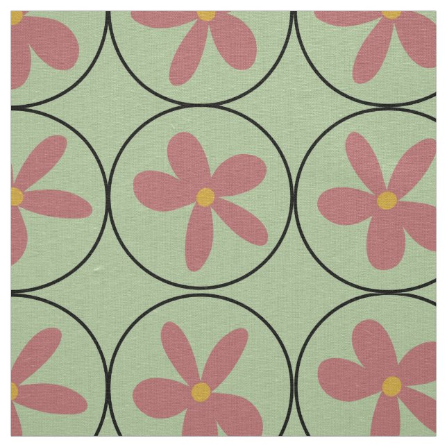 Tissu Lin Ivoire Carreau Floral Rétro Menthe Grand (Échantillon)