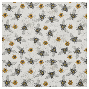 Tissu Lin Naturel Rustique Illustré Abeille Fleurie