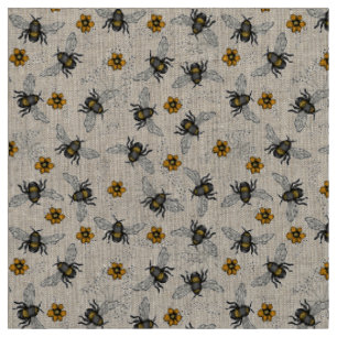 Tissu Lin Naturel Rustique Illustré Abeille Florale en M