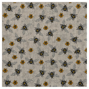 Tissu Lin naturel Rustique Illustré Miel Bee Floral