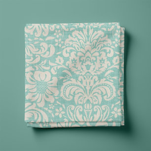 Tissu Lin rustique Beige et Aqua Floral Damask
